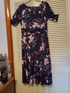 Navy Floral Midi Dress with Pink Blossom Accents